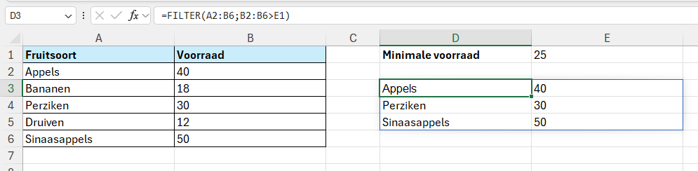 De formule =FILTER(A2:B6;B2:B6>E1) maakt de filter functie dynamisch doordat je de voorwaarde in cel E1 kunt aanpassen