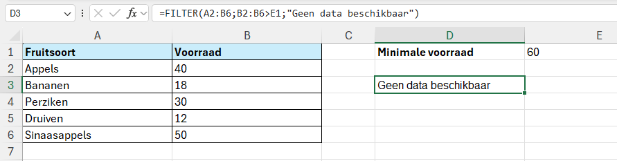 De formule =FILTER(A2:B6;B2:B6>E1;"Geen data beschikbaar") toont de tekst geen data beschikbaar indien Filter niets kan vinden