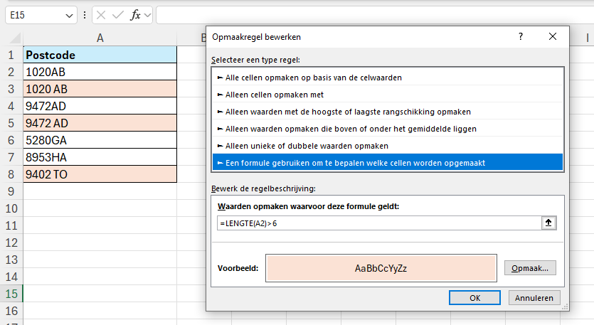 Functie LENGTE in Excel 10 De formule =LENGTE(A2)>6 invoeren als opmaakregel