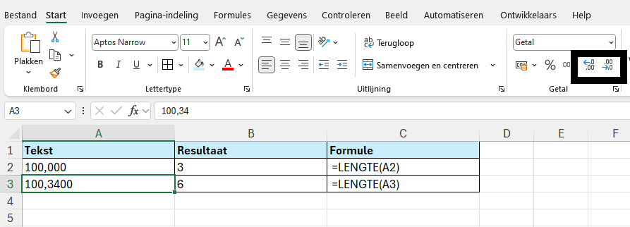 Functie LENGTE in Excel 4 Het effect van het aantal decimalen op de functie LENGTE