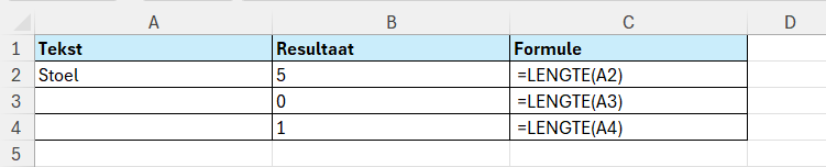 Functie LENGTE in Excel 7 De functie LENGTE telt uit hoeveel tekens een waarde bestaat