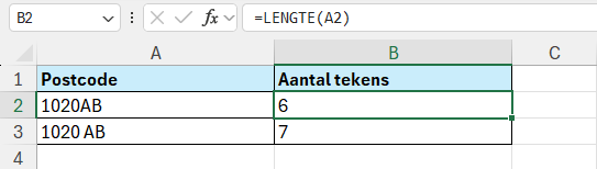 Functie LENGTE in Excel 8 De functie LENGTE telt uit hoeveel tekens een postcode bestaat