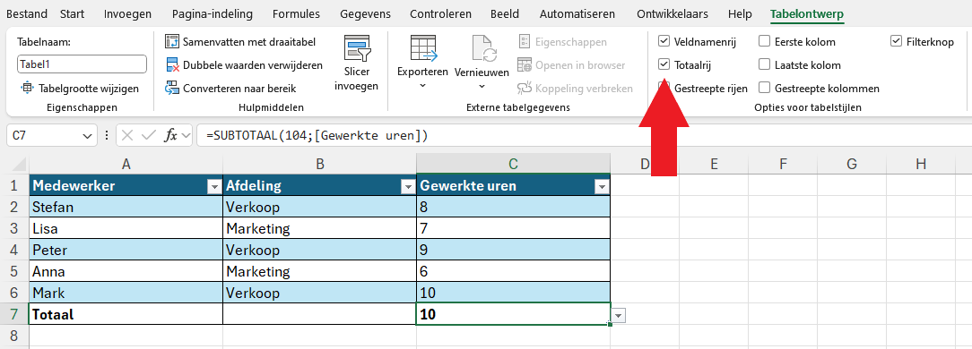 SUBTOTAAL gebruiken via een tabel (zonder formule)
