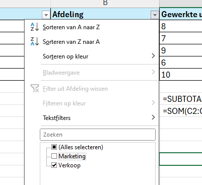 Filteren op alleen gewerkte uren van de afdeling verkoop