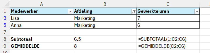 Met een ander functiegetal kun je ander type berekeningen uitvoeren met de functie SUBTOTAAL