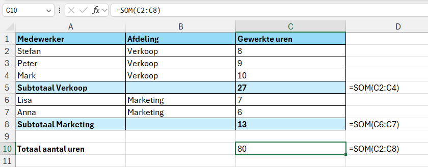 De functie SOM zorgt voor dubbele telling met subtotalen