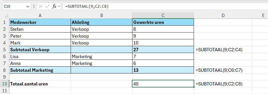 De functie SUBTOTAAL negeert andere subtotalen
