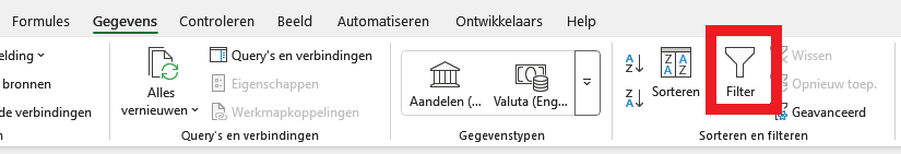 Ingebouwde filter functie in Excel het lint in het tabblad Gegevens.