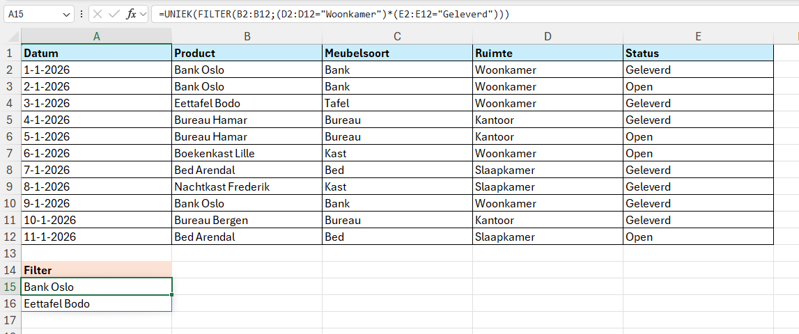 Een unieke lijst tonen op basis van gefilterde resultaten door de functies UNIEK en FILTER met elkaar te combineren