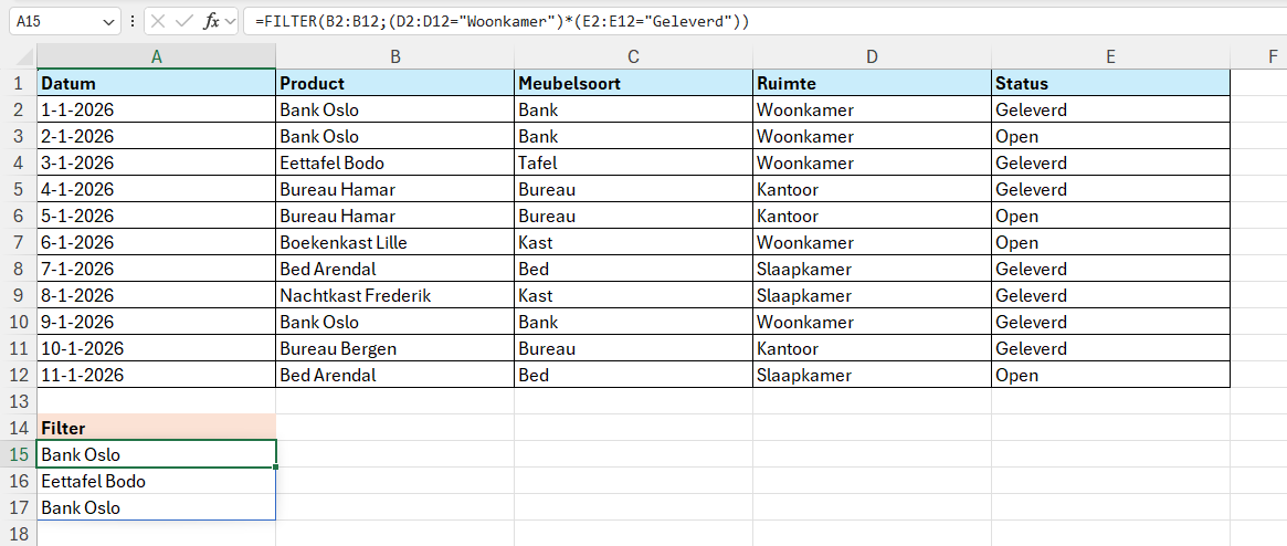 Alleen producten uit de categorie woonkamer tonen met de status 'geleverd' met de formule =FILTER(B2:B12;(D2:D12="Woonkamer")*(E2:E12="Geleverd"))
