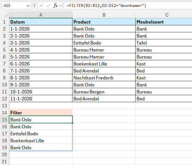 Alleen producten uit de categorie woonkamer tonen met de formule =FILTER(B2:B12;D2:D12="Woonkamer")