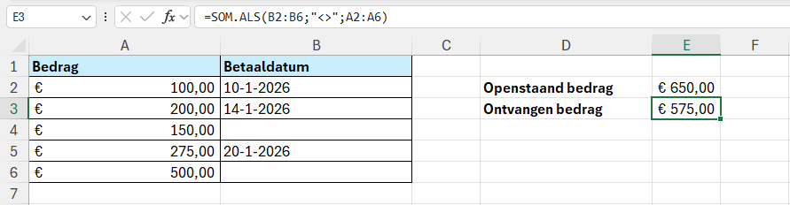 Betaalde facturen tellen met de formule =SOM.ALS(B2:B6;"<>";A2:A6)