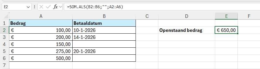 Openstaande facturen tellen met de formule =SOM.ALS(B2:B6;"";A2:A6)