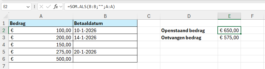 Gehele kolommen als argument opgeven met de formule =SOM.ALS(B:B;"";A:A)