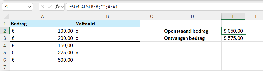 Gehele kolommen als argument opgeven met de formule =SOM.ALS(B:B;"";A:A)