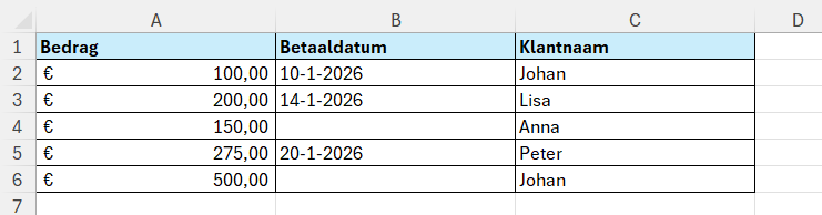 Factuuroverzicht met bedrag (A), betaaldatum (B) en klantnaam (C).