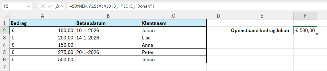 Openstaand bedrag van klant Johan optellen met de formule =SOMMEN.ALS(A:A;B:B;"";C:C;"Johan")