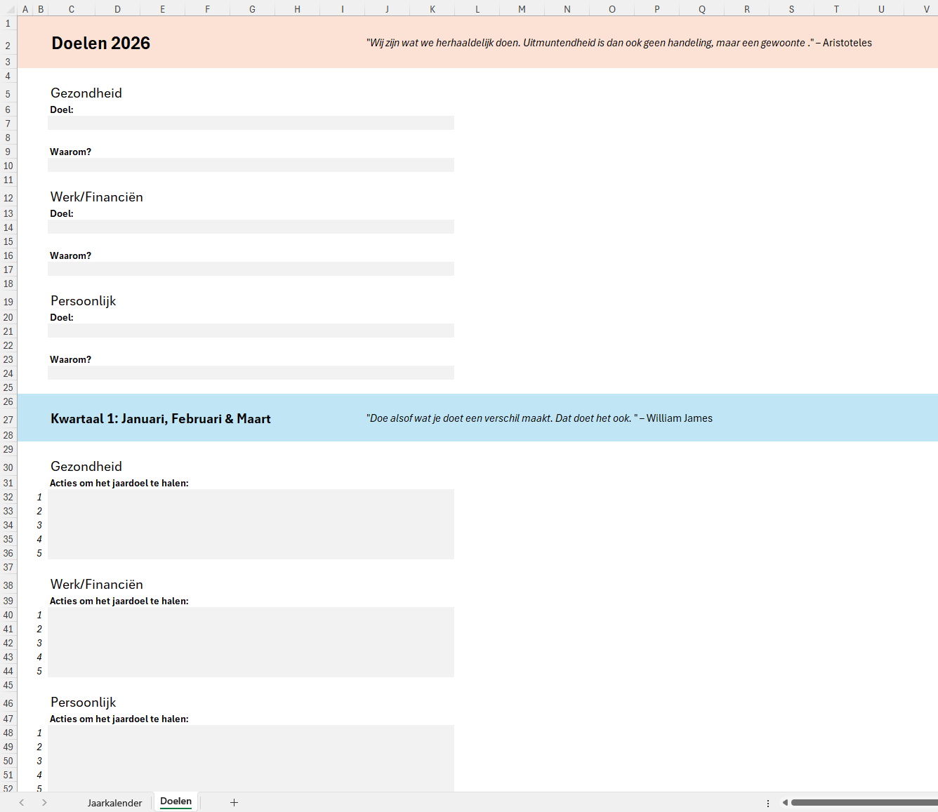 Doelen jaarplanner Excel