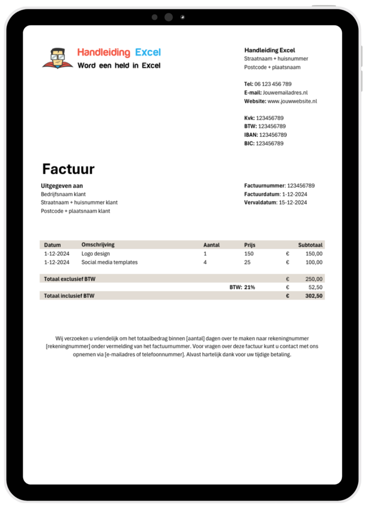Voorbeeld professioneel factuur template in Excel