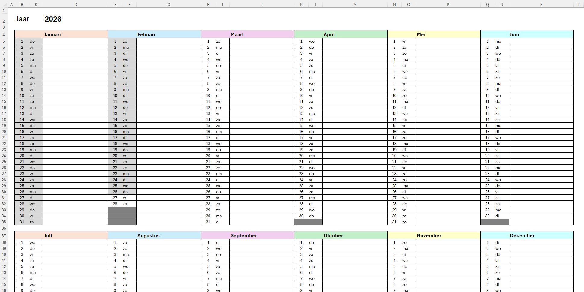 Jaarplanner in Excel template voorbeeld