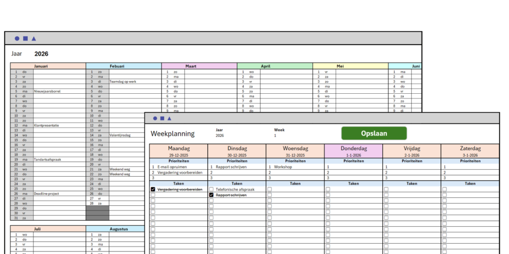 Jaarplanner en weekplanner in Excel templates