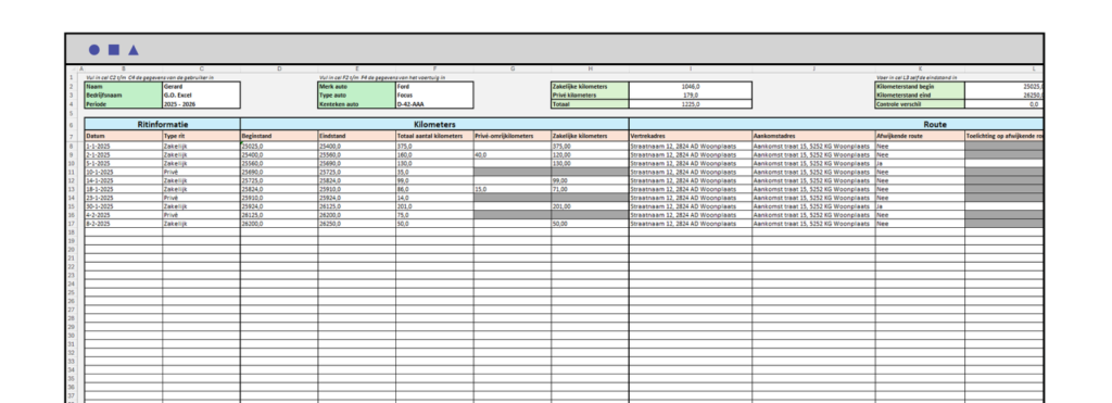 Voorbeeld van rittenregistratie template in Excel