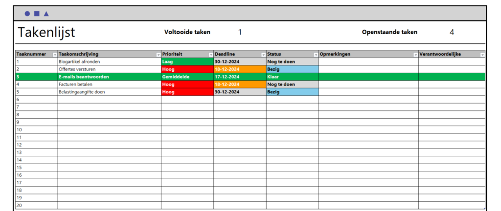Takenlijst in Excel template