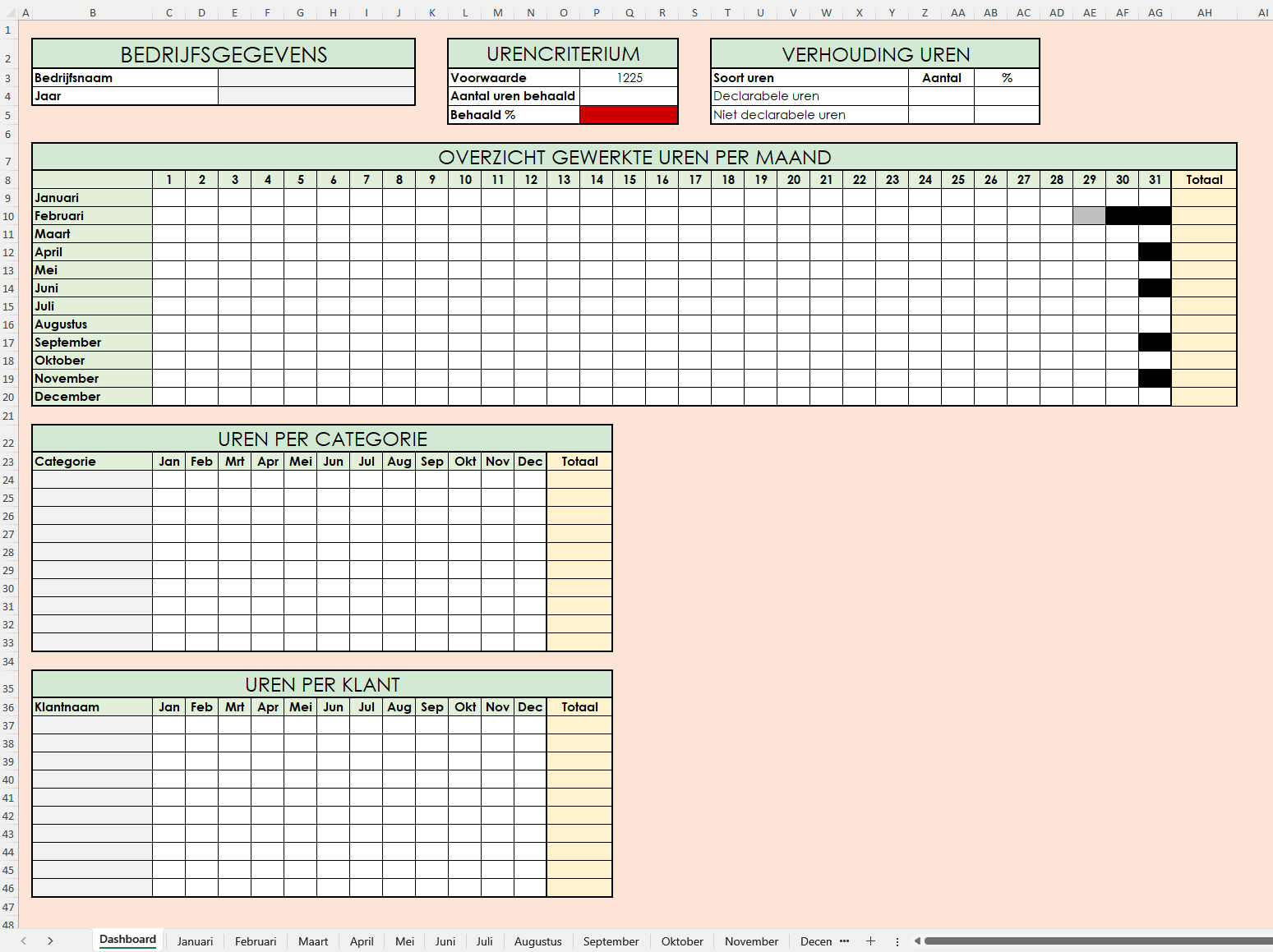 Dashboard overzicht van gewerkte uren in Excel
