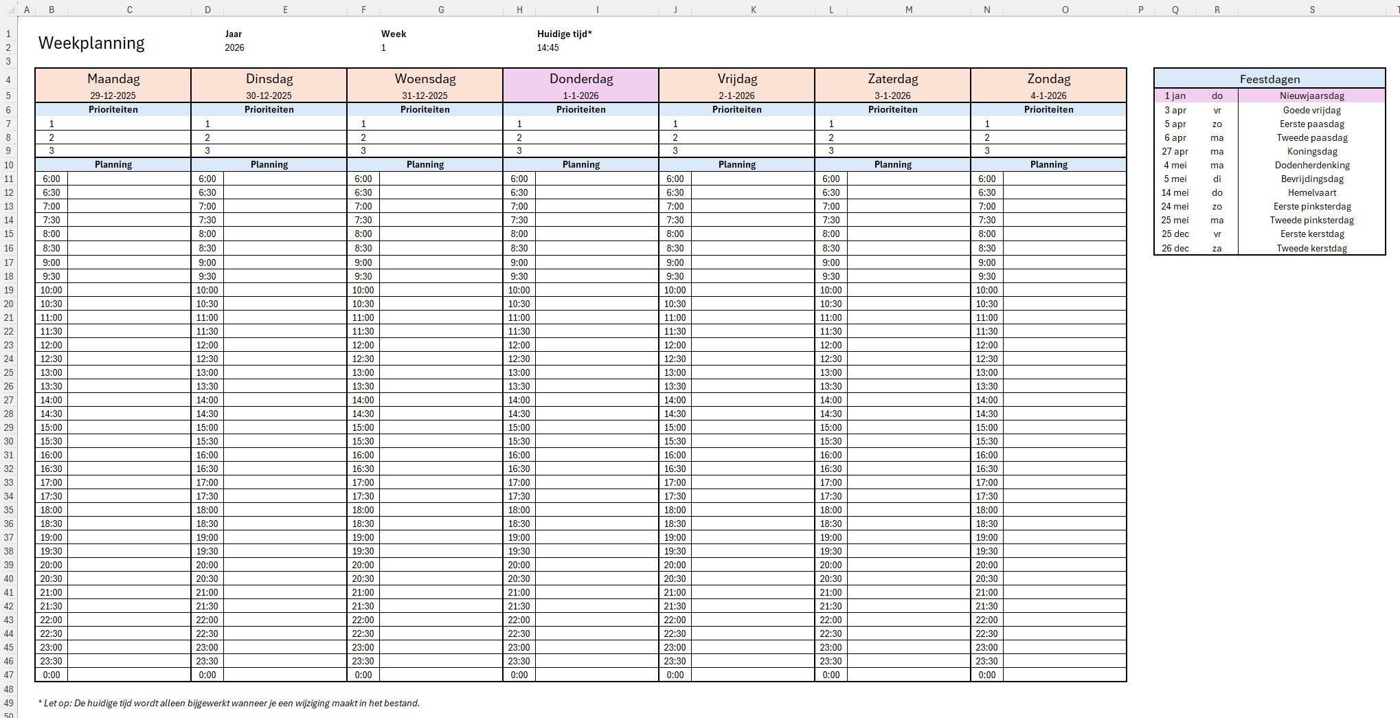 Weekplanner in Excel met uren