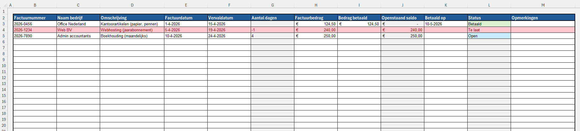 Binnenkomende facturen bijhouden in Excel
