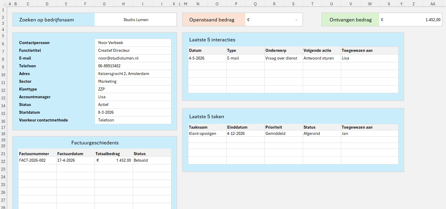 Voorbeeld van hoe het werkblad eruit ziet waar je klanten kunt opzoeken