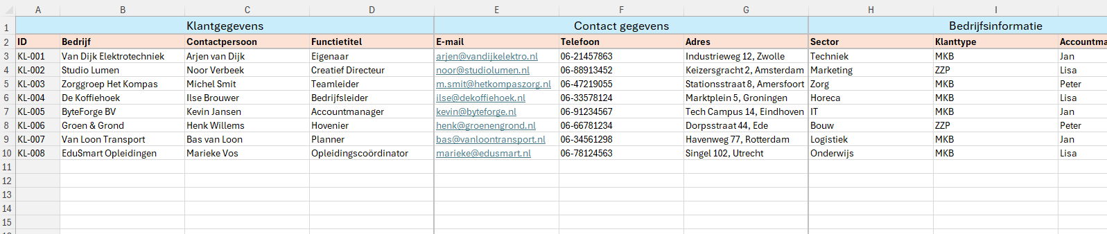 Voorbeeld van hoe het werkblad eruit ziet waar je klanten kunt bijhouden