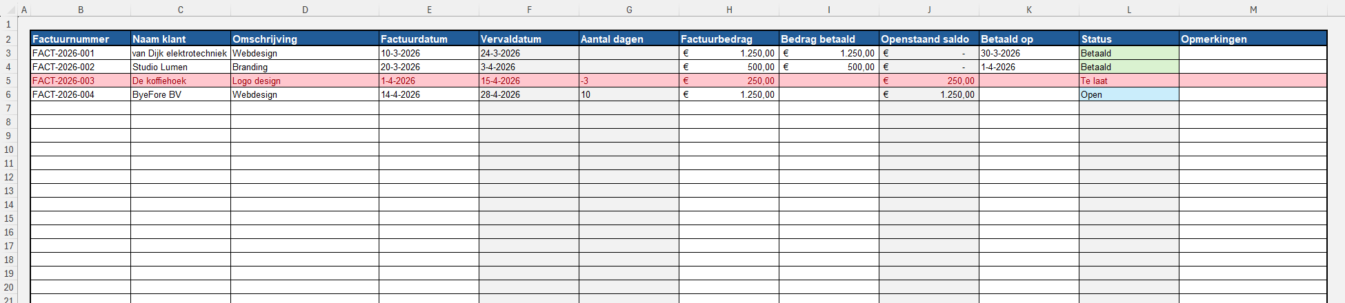Uitgaande facturen bijhouden in Excel